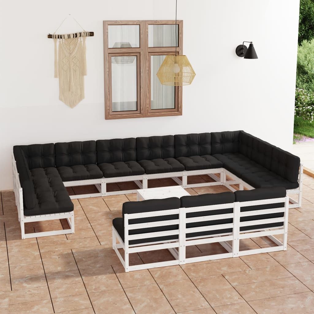 14-tlg. Garten-Lounge-Set mit Kissen Weiss Kiefer Massivholz